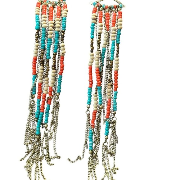 Bohemian Beaded Dangle Earrings with Gold Tone Chain Fringe - Picture 1 of 1